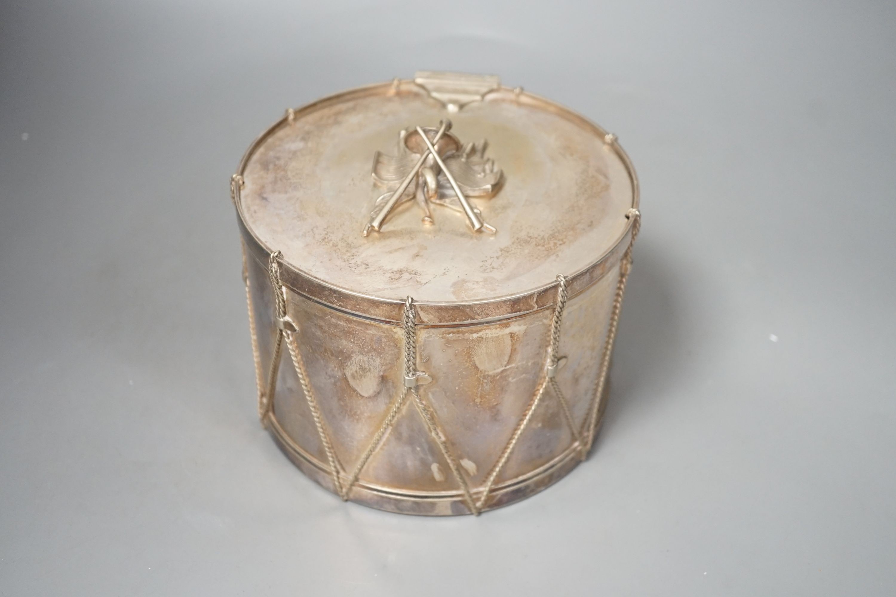 A late 19th century silver-plated box modelled as a military drum, diameter 15.5cm